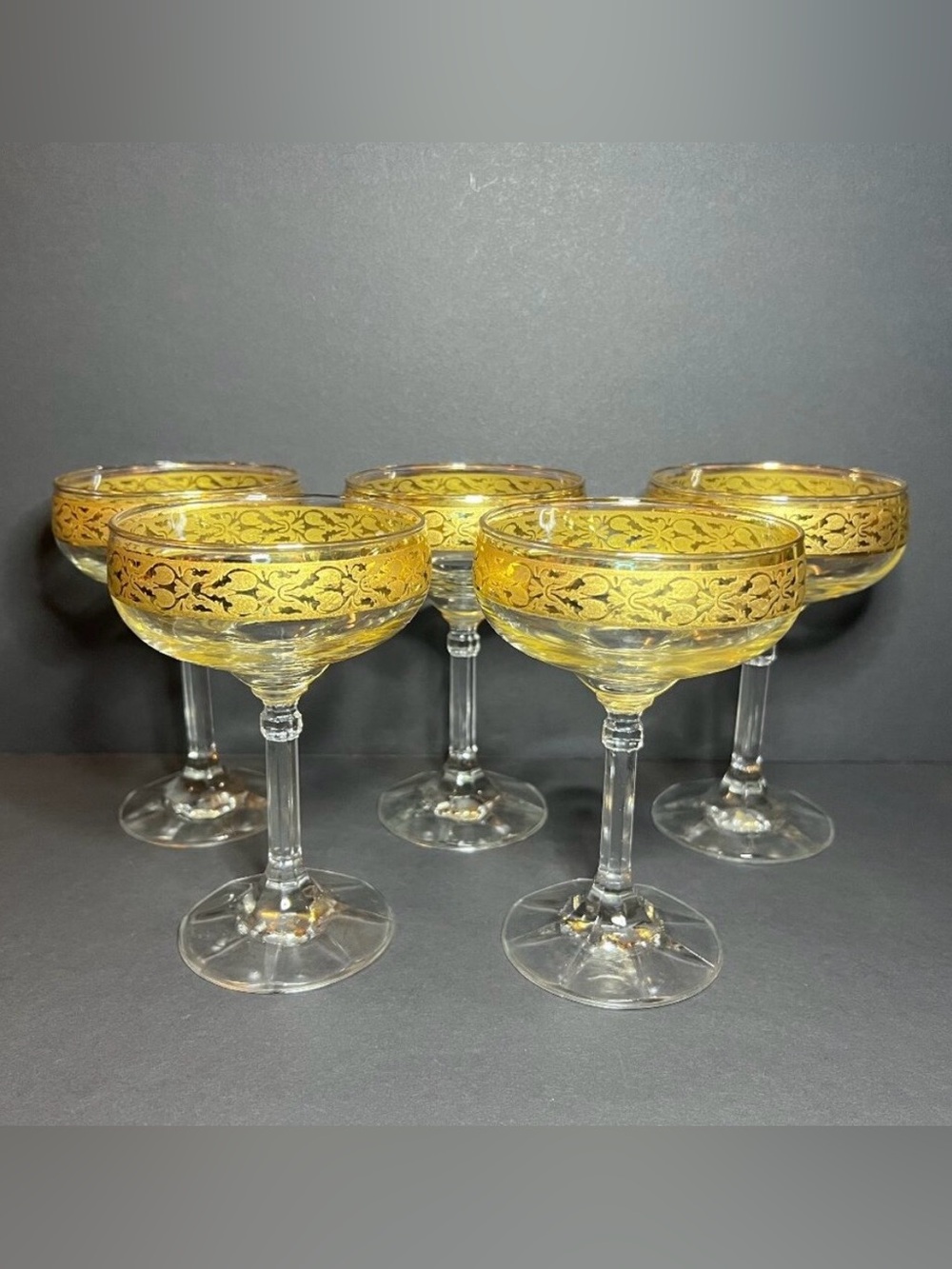 VTG Set of 5 Cristalleria Fratelli Fumo Crystal 24k Gold Rim Champagne Glasses
